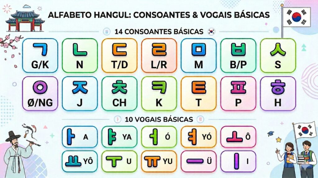 As 24 letras básicas do alfabeto coreano Hangul: 14 consoantes e 10 vogais