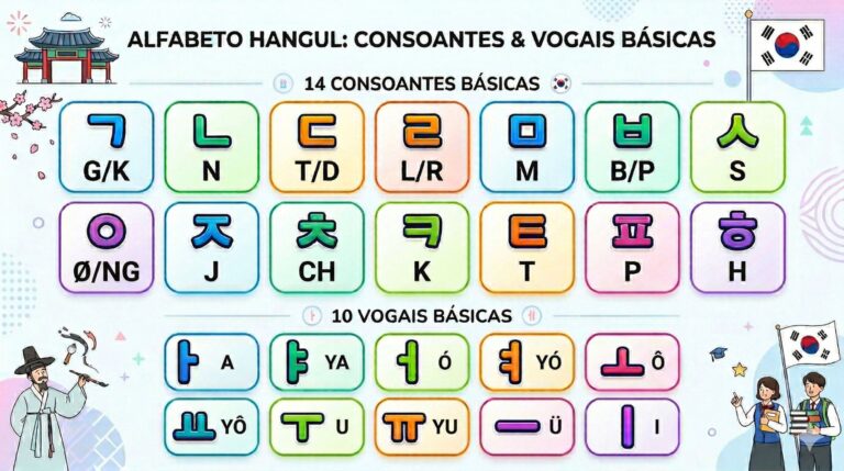 As 24 letras básicas do alfabeto coreano Hangul: 14 consoantes e 10 vogais