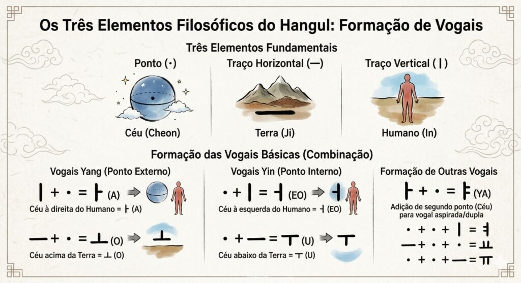 Como as vogais do Hangul são formadas a partir dos três elementos: céu, terra e humano