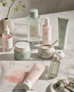 Conjunto de produtos coreanos de skincare com rótulos em coreano: essência, tônico, sérum, protetor solar, hidratante, máscara facial, sabonete de limpeza, xampu e potinho com creme, sobre bancada de mármore