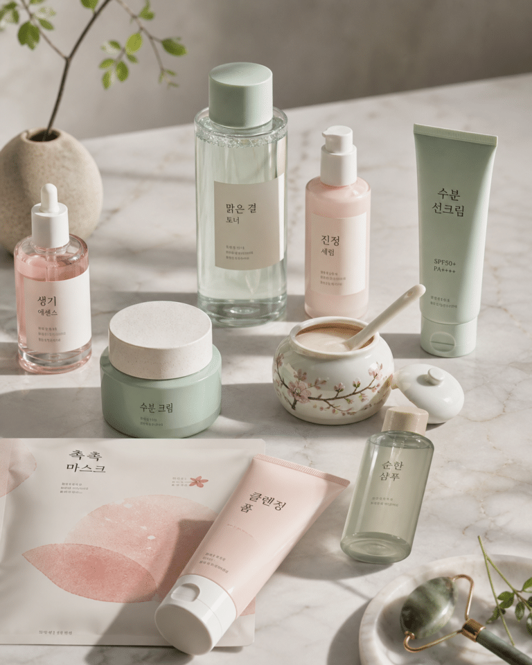Conjunto de produtos coreanos de skincare com rótulos em coreano: essência, tônico, sérum, protetor solar, hidratante, máscara facial, sabonete de limpeza, xampu e potinho com creme, sobre bancada de mármore