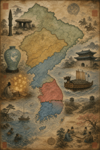 Ilustração estilizada da península coreana dividida em regiões coloridas, cercada por cenas históricas: dólmen, cavaleiros, navio-tartaruga, portão de fortaleza, estudioso criando o hangul, pescadores, haenyeo e cerca fronteiriça com torres de vigia