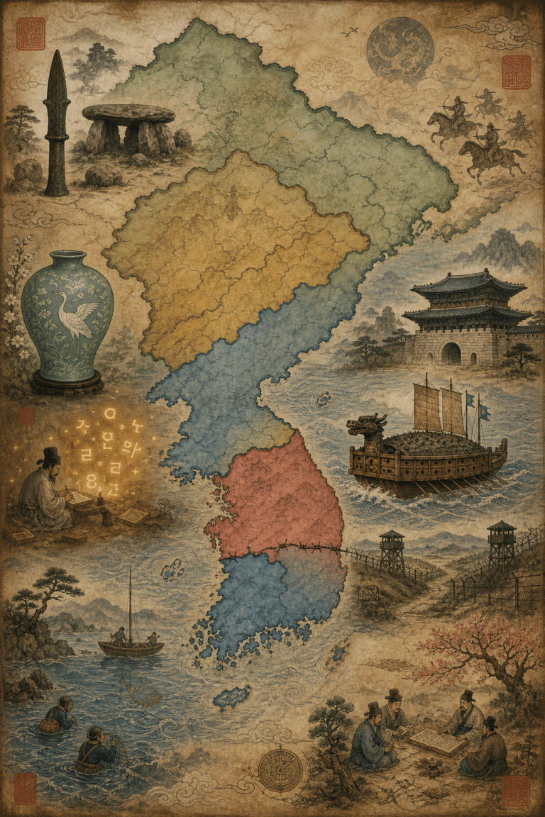 Ilustração estilizada da península coreana dividida em regiões coloridas, cercada por cenas históricas: dólmen, cavaleiros, navio-tartaruga, portão de fortaleza, estudioso criando o hangul, pescadores, haenyeo e cerca fronteiriça com torres de vigia
