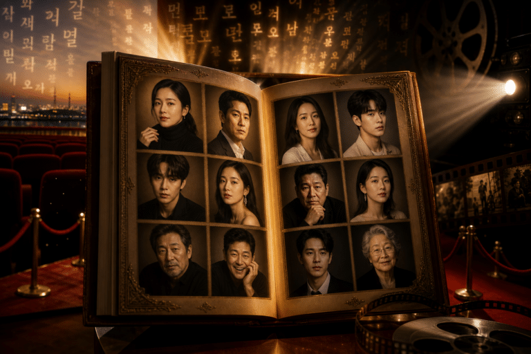 Livro aberto com retratos de doze atores coreanos em formato de álbum, cercado por caracteres coreanos luminosos e cenário de teatro de cinema