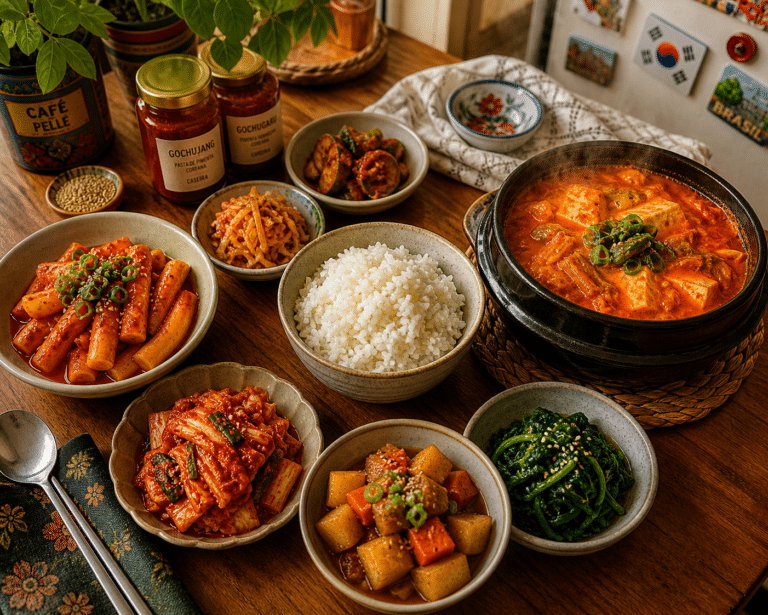 Mesa com refeição coreana completa: sundubu jjigae, tteokbokki, kimchi, arroz branco e banchan variados, com potes de gochujang e gochugaru caseiros ao fundo