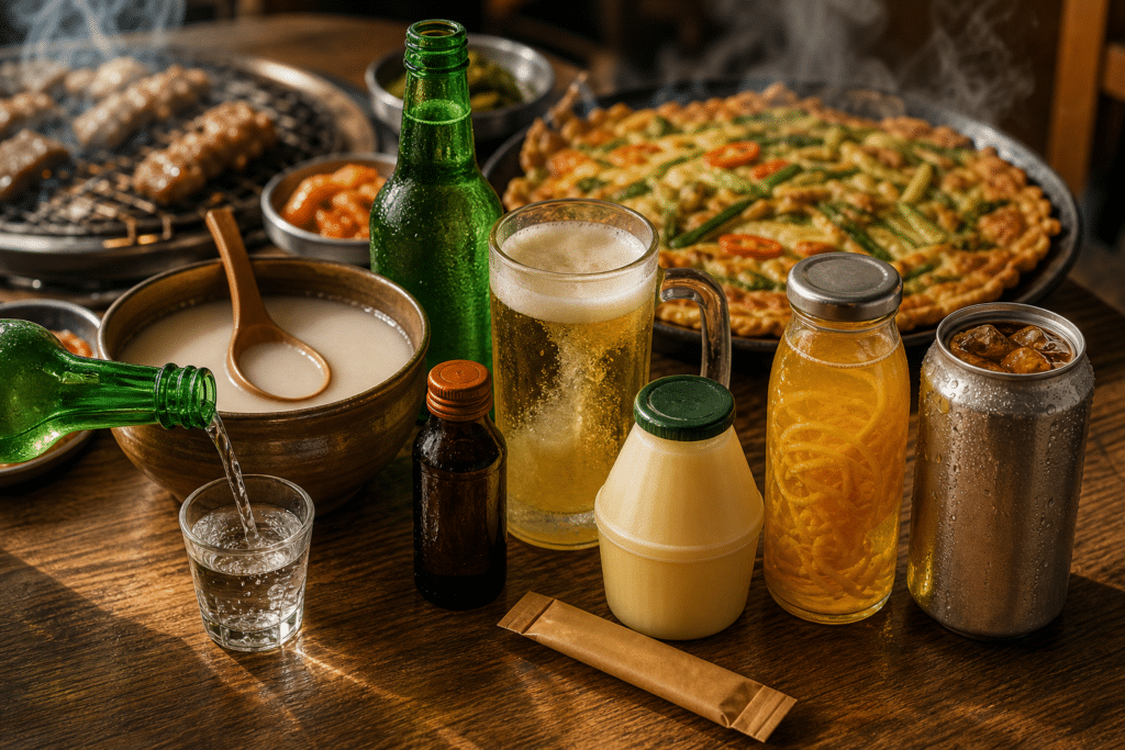 Mesa coreana com soju sendo servido, cerveja, makgeolli, panqueca de vegetais, espetinhos grelhados e bebidas variadas