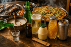 Mesa coreana com soju sendo servido, cerveja, makgeolli, panqueca de vegetais, espetinhos grelhados e bebidas variadas