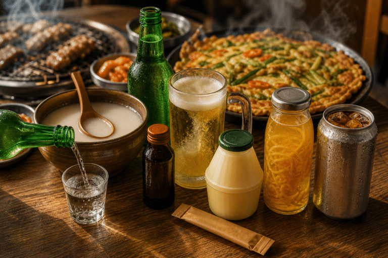 Mesa coreana com soju sendo servido, cerveja, makgeolli, panqueca de vegetais, espetinhos grelhados e bebidas variadas