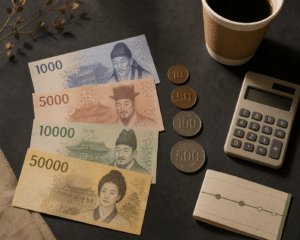 Notas e moedas de won sul-coreano organizadas ao lado de calculadora, caderno e café
